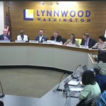 Lynnwood City Council from left to right CMs Bryce Owings, Robert Leutwyler, Chelsea Wright, Nick Coelho, Mayor George Hurst, CMs Derica Escamilla, David Parshall, and Isabel Mata