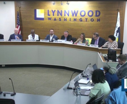 Lynnwood City Council from left to right CMs Bryce Owings, Robert Leutwyler, Chelsea Wright, Nick Coelho, Mayor George Hurst, CMs Derica Escamilla, David Parshall, and Isabel Mata