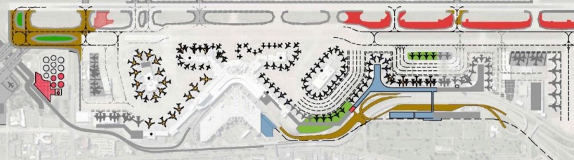 A detailed map of an airport layout, featuring runways, taxiways, terminals, parking areas, and aircraft locations.