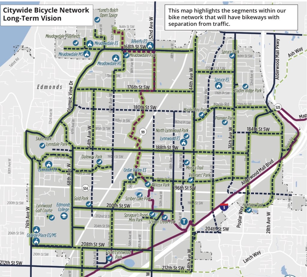 Map showing the citywide bicycle network long-term vision, highlighting segments with separated bikeways, parks, schools, and streets.
