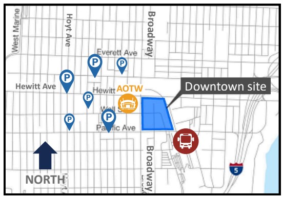 Map indicating the downtown site, marked in blue, along with nearby parking locations and transportation options outlined.