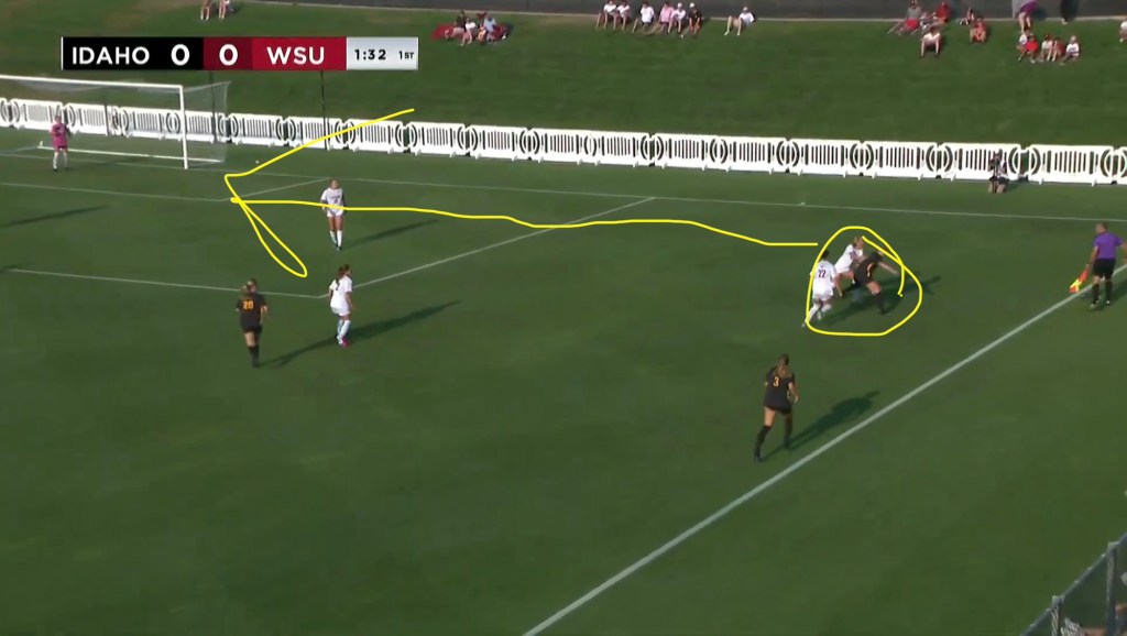 A moment during a soccer match between Idaho and WSU, showcasing players contending for the ball near the sideline, with spectators in the background.