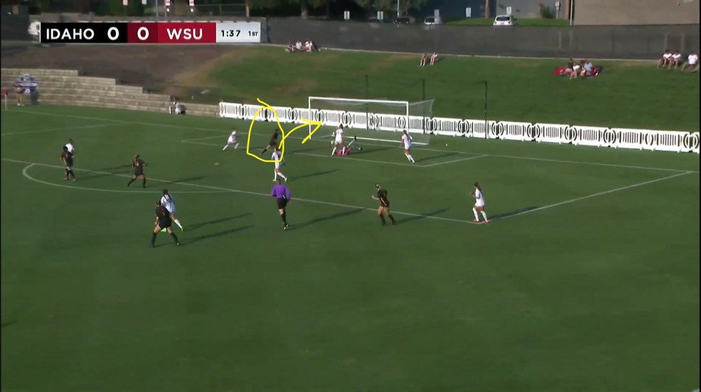 A soccer match between Idaho and WSU with players in action near the goal, showing a pivotal moment in the game.