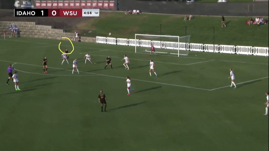A soccer match between Idaho and WSU with Idaho leading 1-0, showcasing players in action on the field.