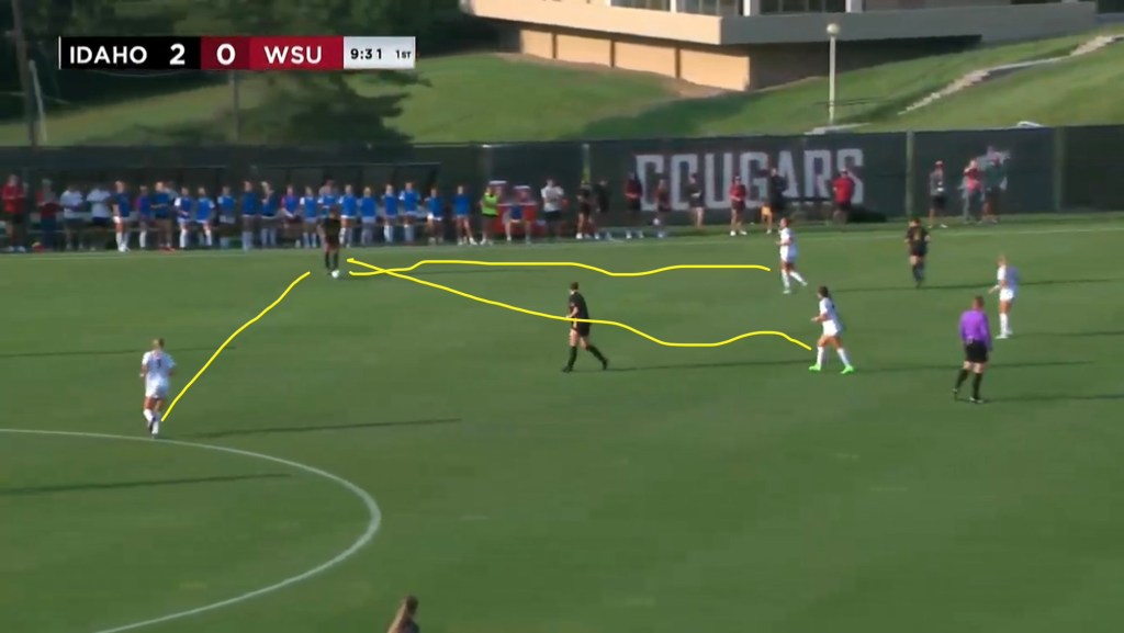 A soccer match in progress between Idaho and WSU, with Idaho leading 2-0. Players are actively engaged on the field, with a referee overseeing the game.